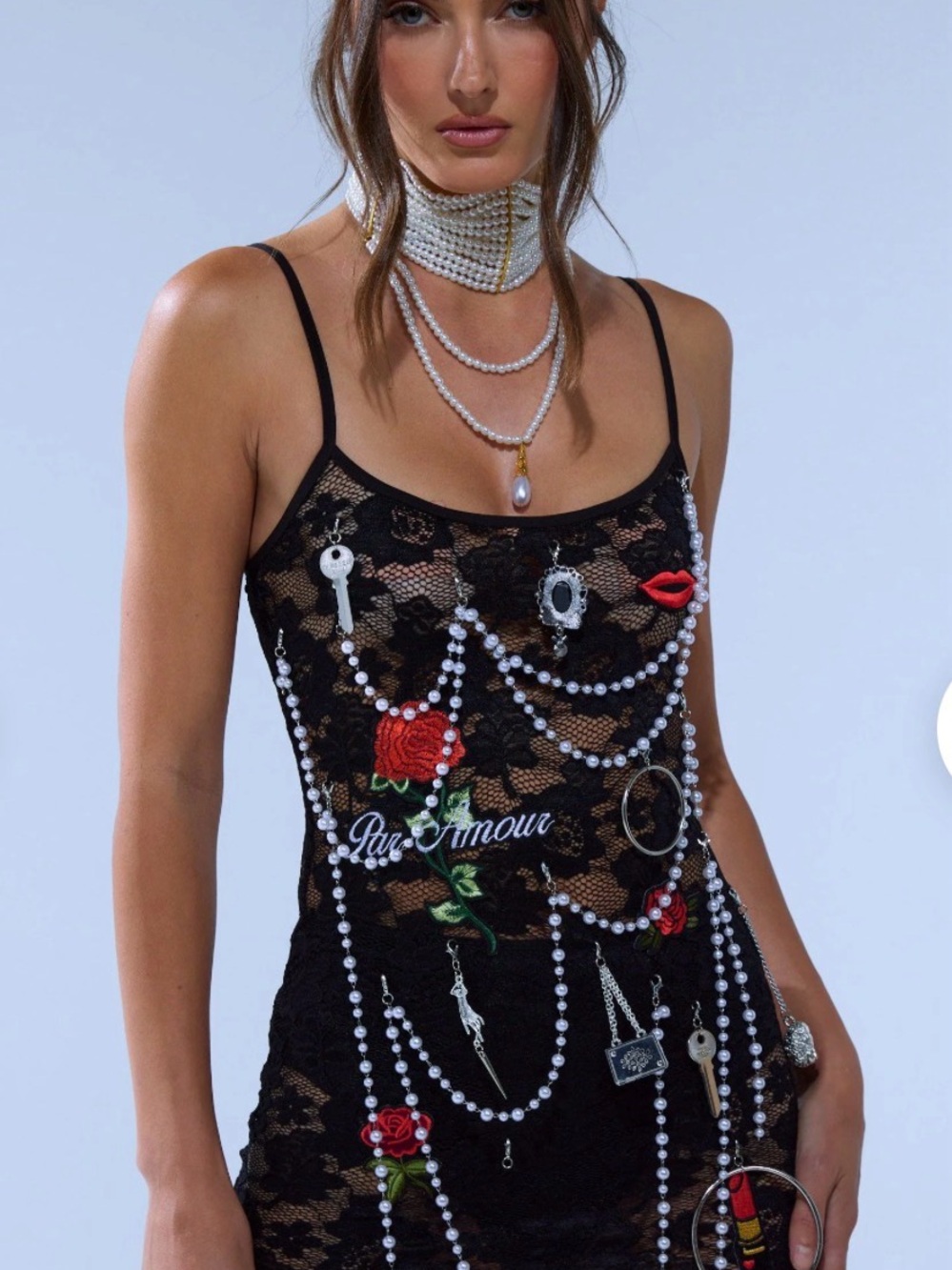 AKIRA Black Lace Slip Dress with Red Rose Embroidery
